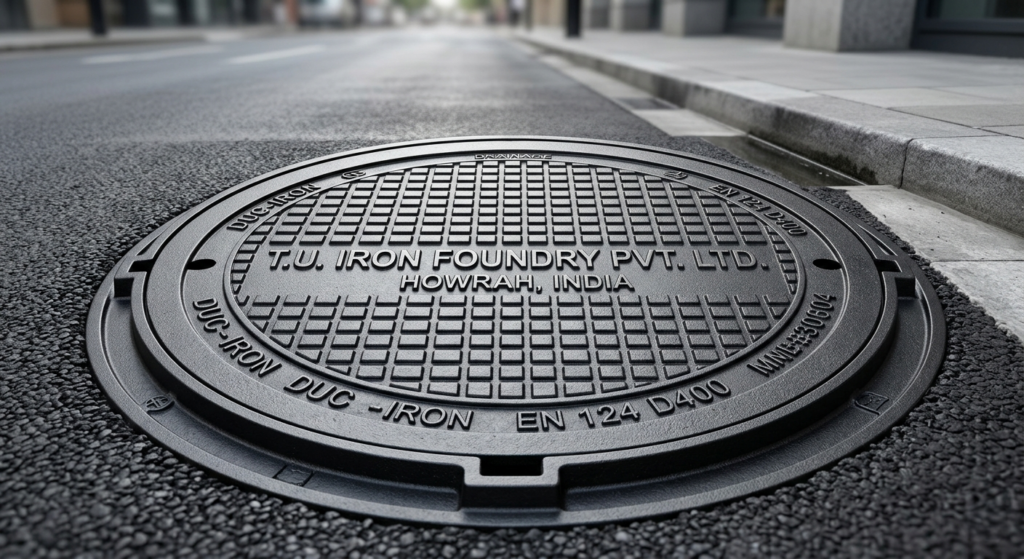 Heavy-duty ductile iron manhole cover manufactured by T.U. Iron Foundry Pvt. Ltd. India.