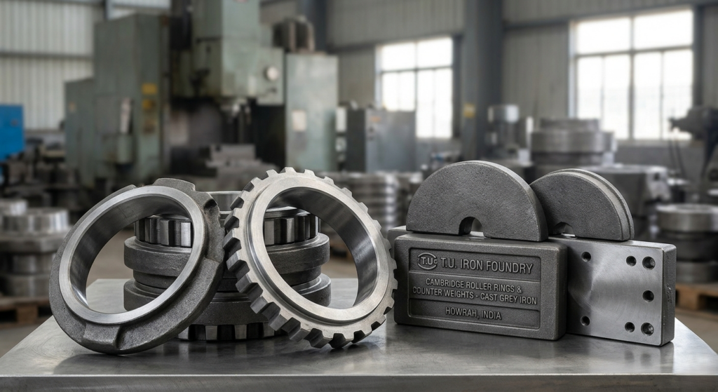 High-wear resistance Cambridge roller rings and industrial machinery counter weights by T.U. Iron Foundry Pvt. Ltd. India.