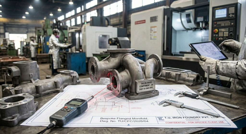 Customized cast components and bespoke flanged manifolds developed from engineering drawings by T.U. Iron Foundry Pvt. Ltd. India.