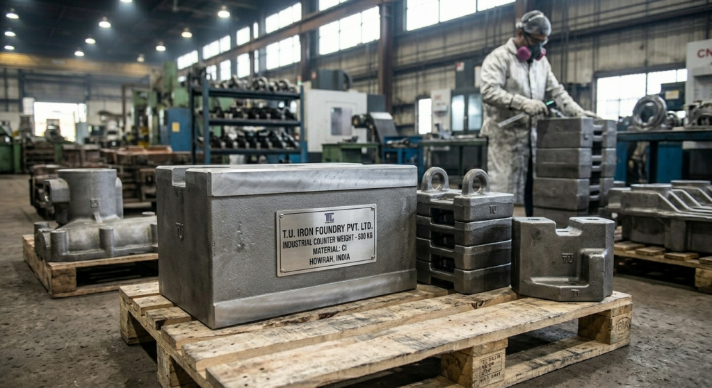 High-density cast iron industrial counter weights on wooden pallets manufactured by T.U. Iron Foundry Pvt. Ltd. India.