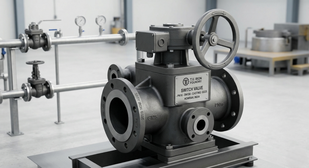 Industrial Grey Iron CI switch valve manufactured by T.U. Iron Foundry Pvt. Ltd. India.