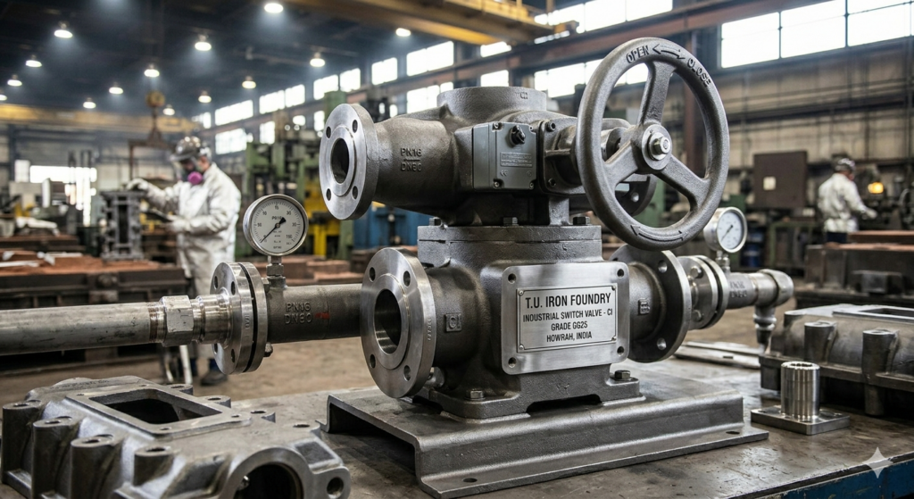 Industrial Grey Iron CI switch valve with integrated nameplate manufactured by T.U. Iron Foundry Pvt. Ltd. India.